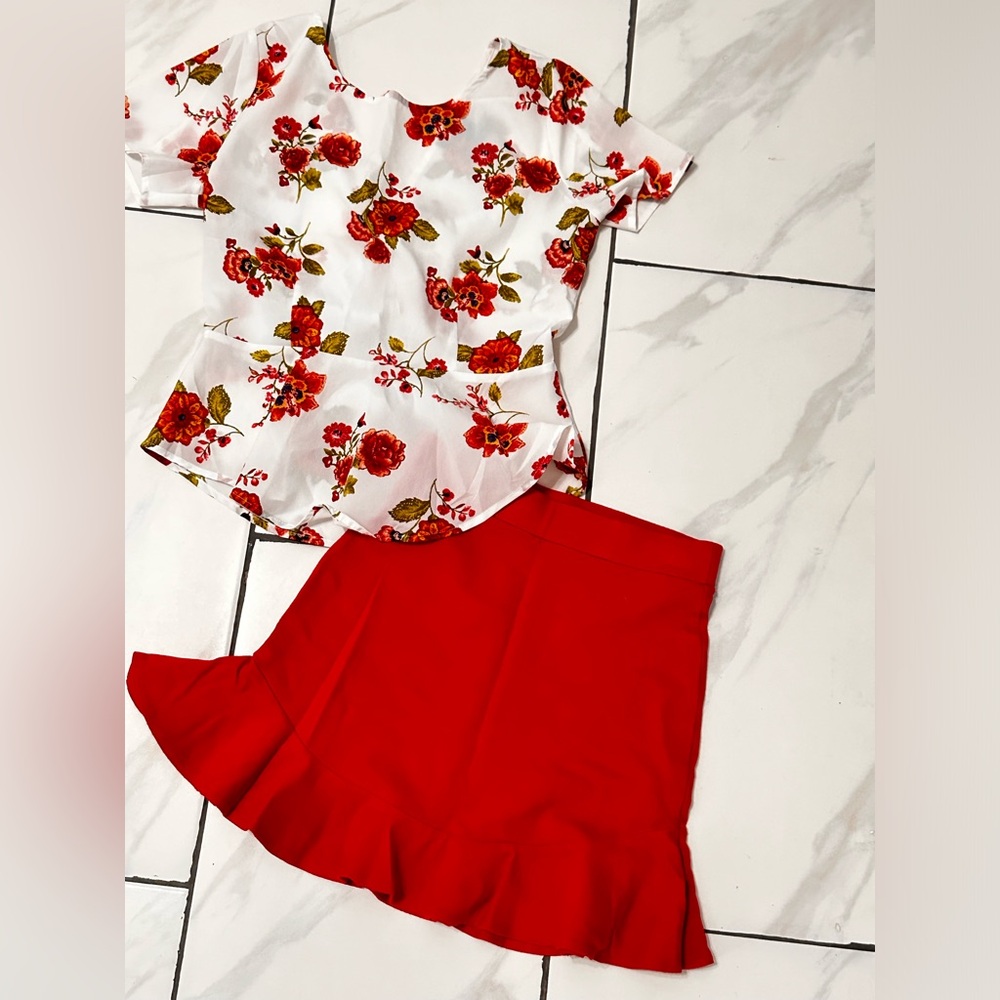 Forever 21 set, red skirt and white with red roses blouse.